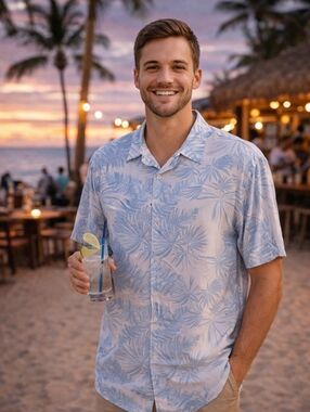 Cubavera Tropical Button Up Shirt Mens XL Blue White Palm Print Beach Resort